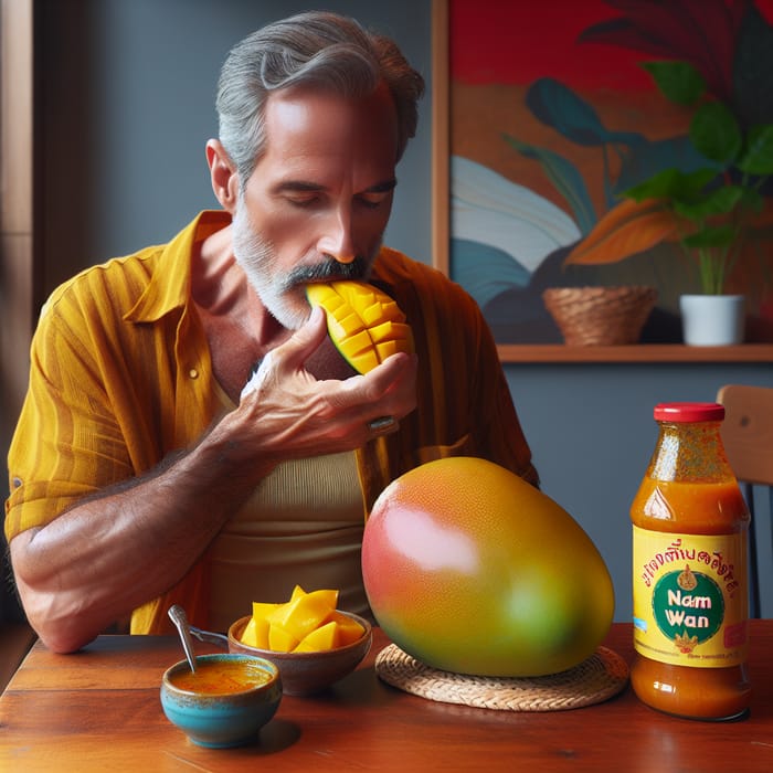 Colorful Scene: Peter Eating Ripe Mango with Sweet & Spicy Thai Sauce