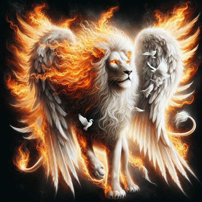 Fiery Lion with Angel Wings in White - Stunning Imagery
