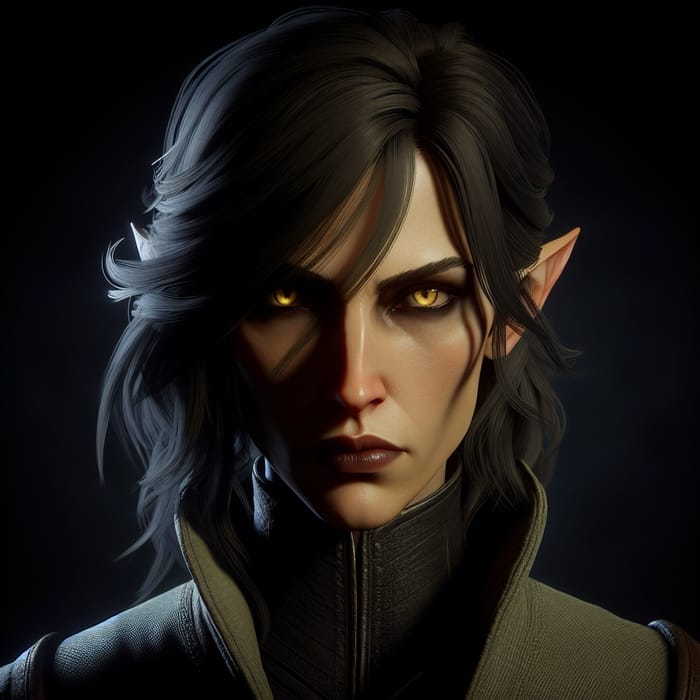 Stern Female Half-Elf Rogue of Caucasian Descent with Golden Eyes