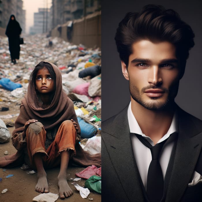 Young Woman Amid Garbage: Contrasts of Beauty and Reality