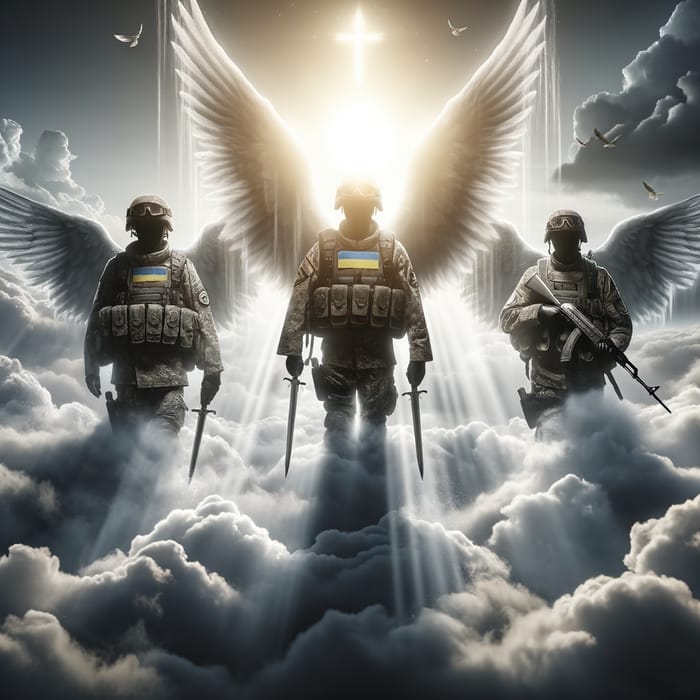 Ukrainian Soldiers Spirits Rise with Swords in Angelic Light