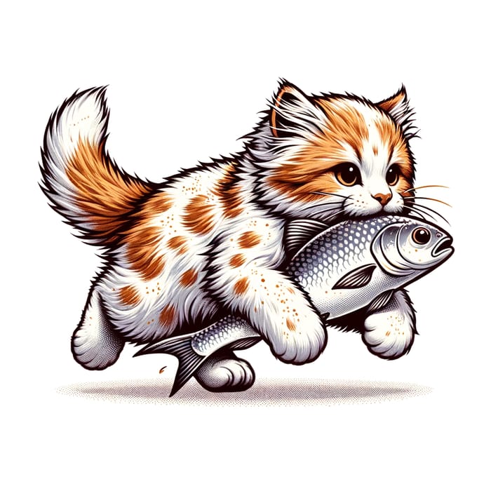 Playful Cat with Fish: Fluffy Feline Running