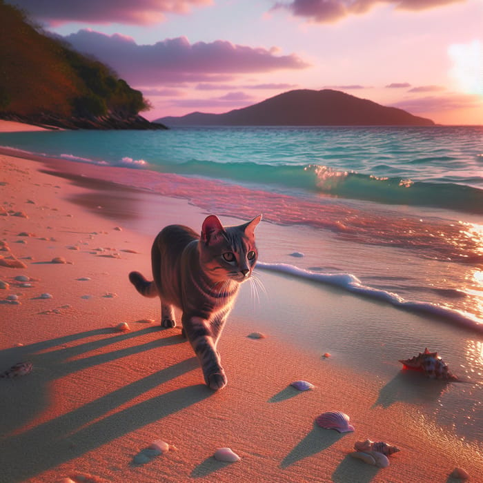 Cat Walking on the Beach at Sunset | Ocean Breeze and Seashells