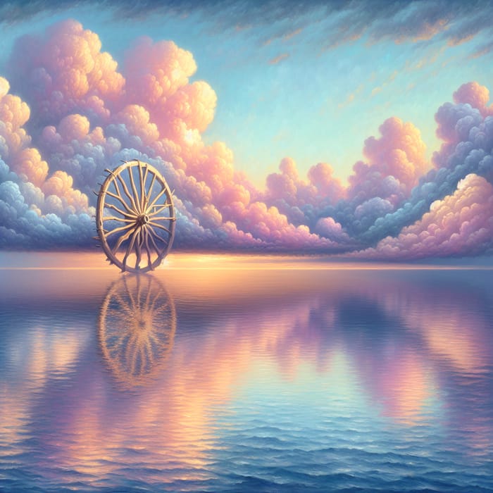 Whimsical Driftwood Wheel Over Flying Clouds at Calm Sea