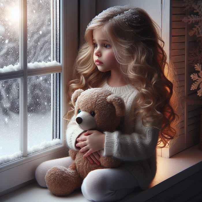 Adorable Girl with Blond Curls Hugging Toy, Looking at Snow