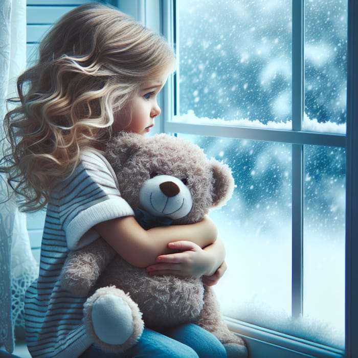 Cute Girl Admiring Snow with Plush Toy by Window