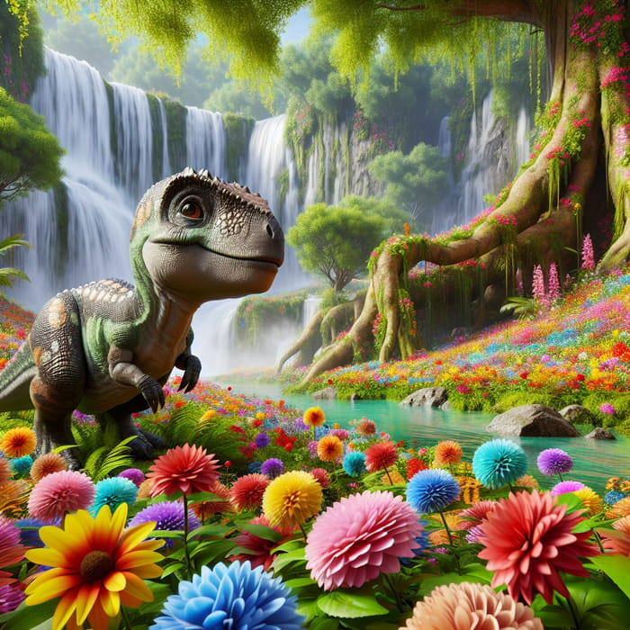 Colorful Prehistoric Landscape with Dancing Baby Dinosaur