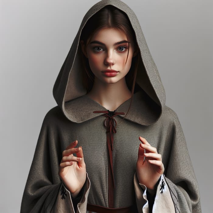 20-year-old woman in cloak with hood, full body shot, hands slightly raised