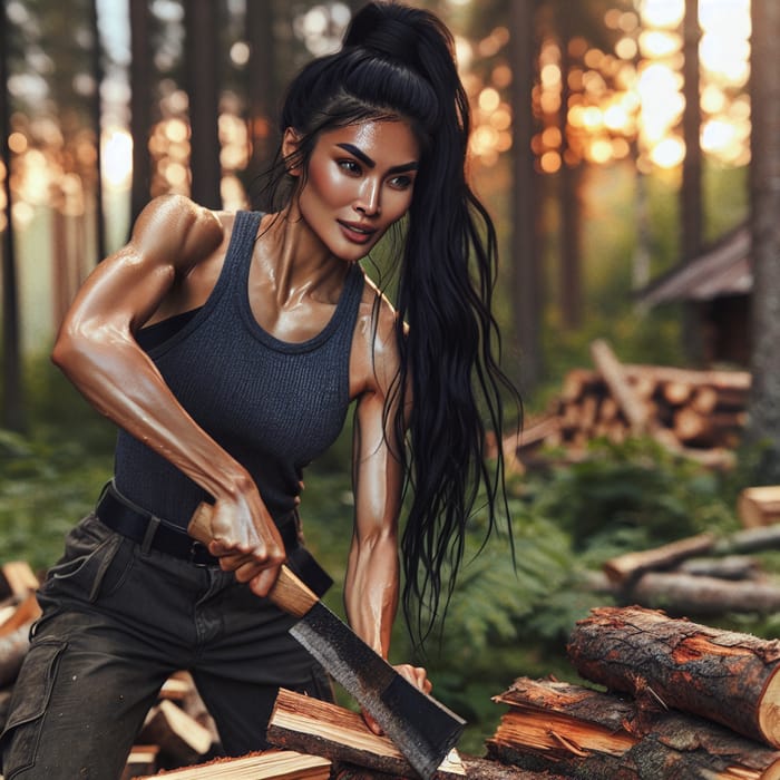 Strength in Action: South-Asian Woman Chopping Wood