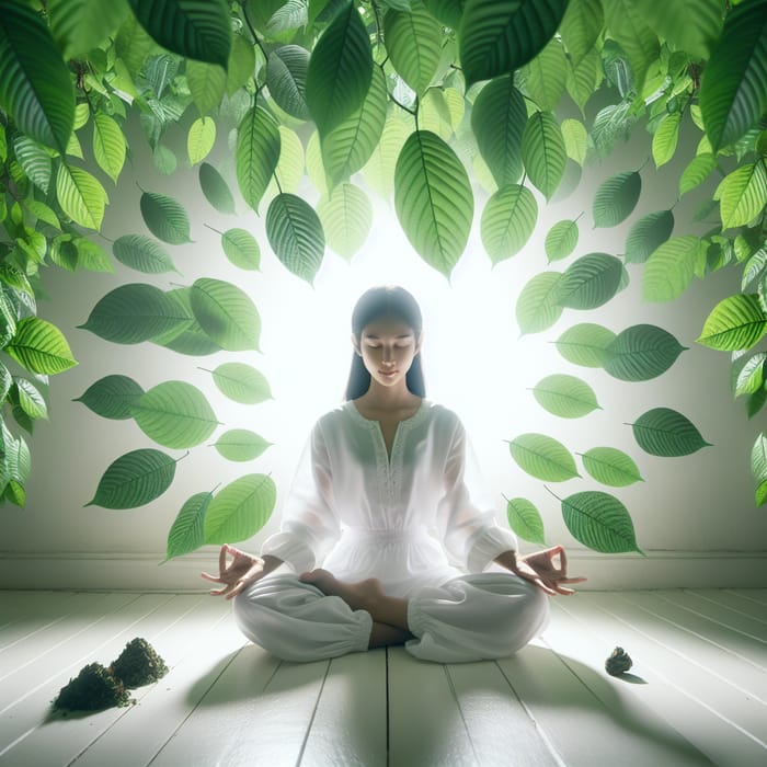 Serenity: Meditating South Asian Girl with Green Kratom Leaves