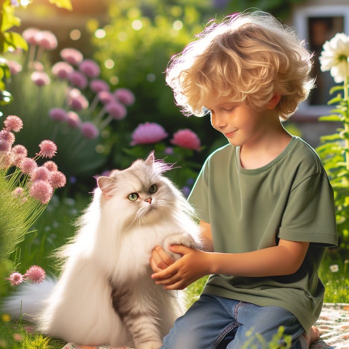 Boy With Curly Blonde Hair Playing With Fluffy Persian Cat
