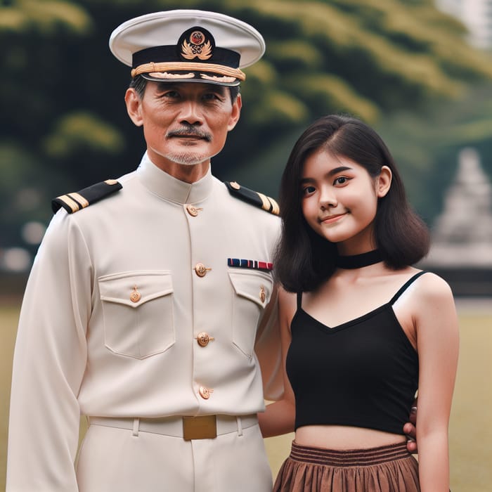 Asian Man in Seaman Uniform with Girl in Black Top and Brown Skirt
