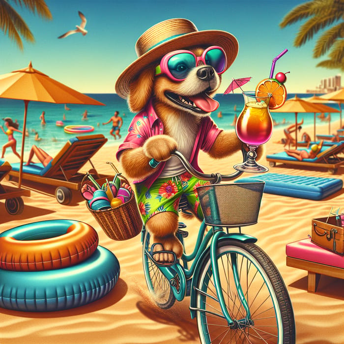 Vintage Beach Dog on Bike with Chic Accessories | Lively Beach Resort Vibe