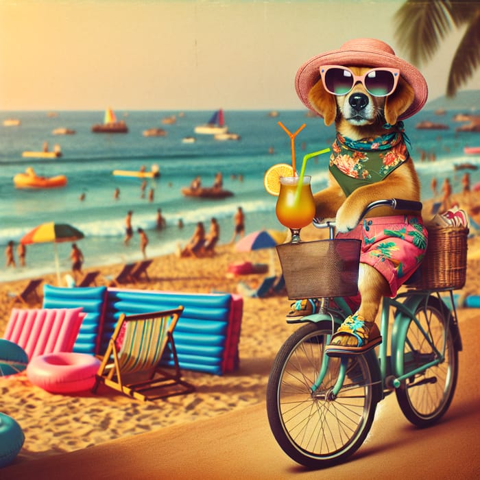 Whimsical Dog on Beach Bike Ride | Colorful Vacation Vibes