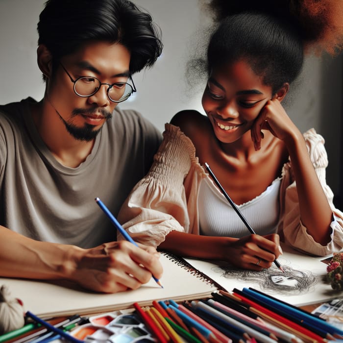 Asian Man and Woman Drawing: Creative Artistic Romance