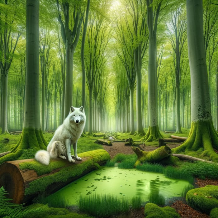 Tranquil Forest Scene with Serene White Wolf