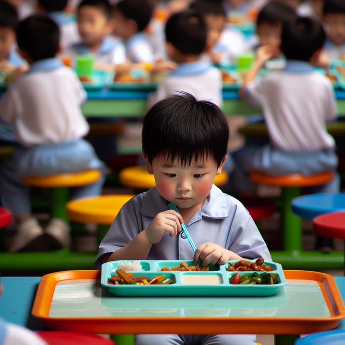 Japanese Boy Alone in Vibrant Cafeteria | Solitary Serenity