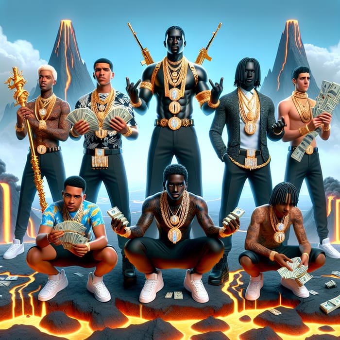 Realistic Futuristic Image of 8 People with Weapons, Gold Chains, Diamonds, Money, and Mountains with Lava Background