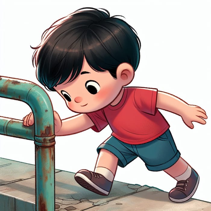 Young Asian Boy Walking on Torn Railing - Cartoon Adventures