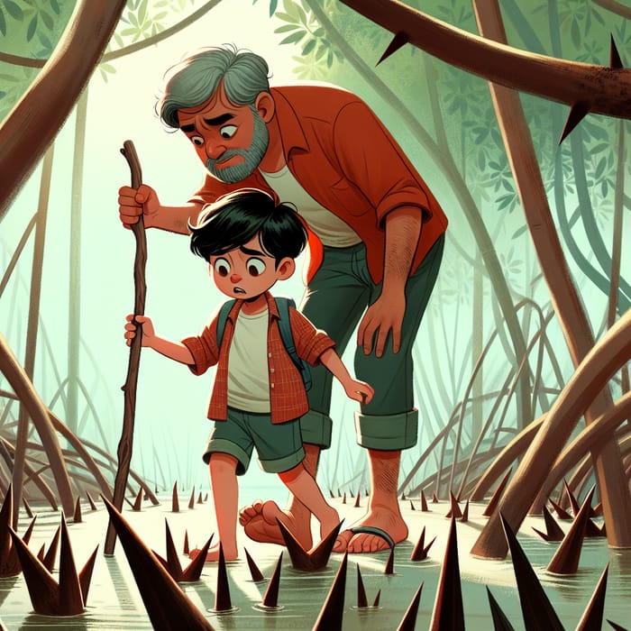 Child and Grandpa Adventurous Stroll in Animated Mangrove Exploration