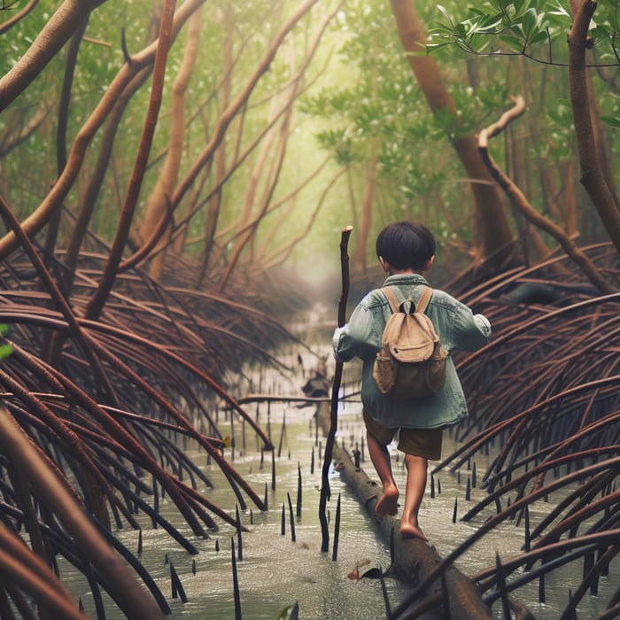 Young Child Exploring Thorny Mangrove Forest