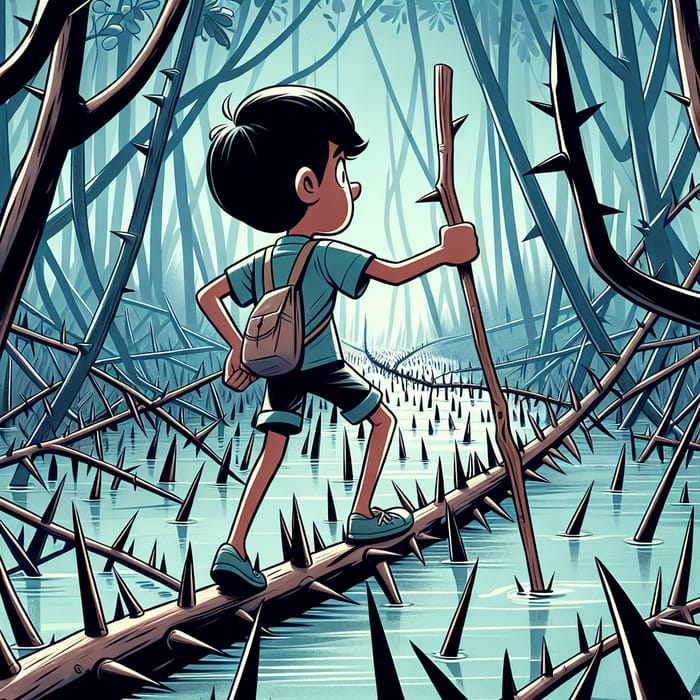 Cautious Child Exploring Thorny Mangrove Forest Animation