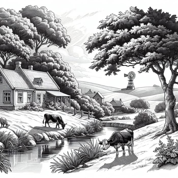 Peaceful Rural Sketch - Quaint Farmhouse & Grazing Cows