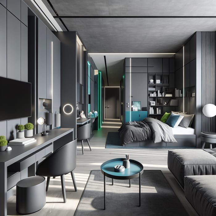 Modern Dormitory Interior in Graphite Gray with Metallic Blue and Electric Green Accents