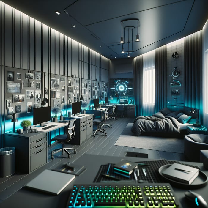 Modern Dormitory with Graphite Gray, Metallic Blue, Electric Green, and White Accents