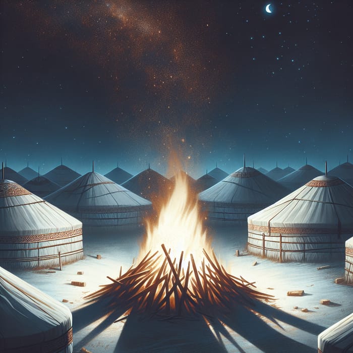 Nocturnal Bonfire among Traditional Yurts