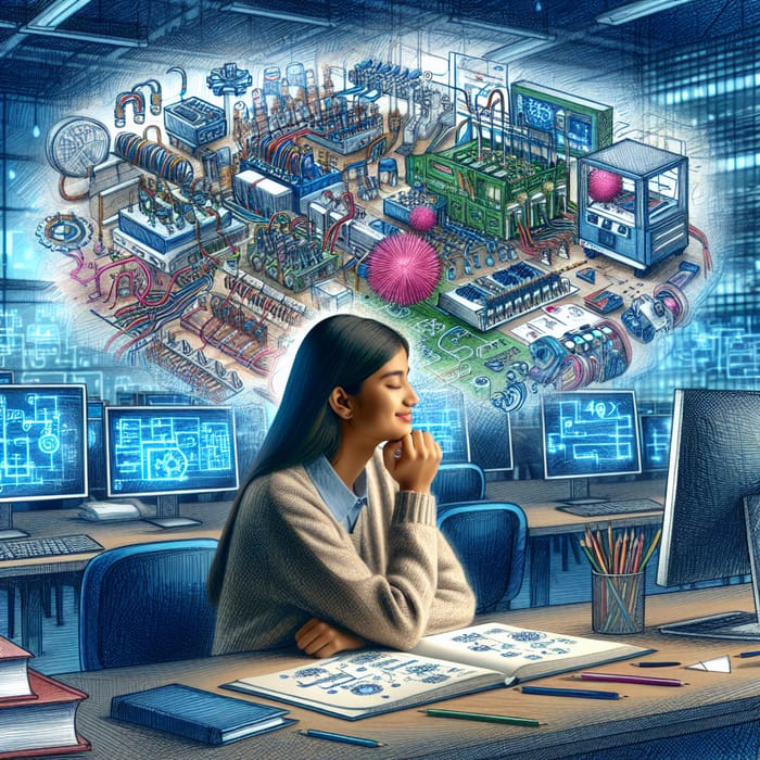 Colorful Drawing of South Asian Female Electrical Engineering Student Dreaming in Technologically Advanced Workspace