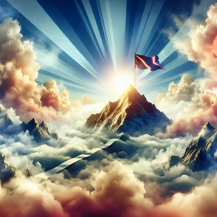 Abstract Achievement | Mountain Peak, Flag, Sun Rays