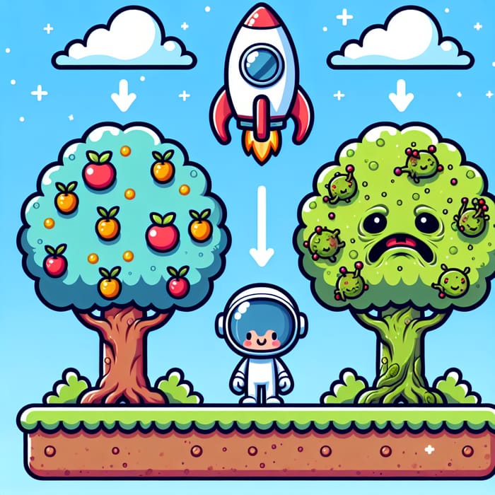 Colorful Trees, Sick Tree, Astronaut, Rocket - Cartoon Style