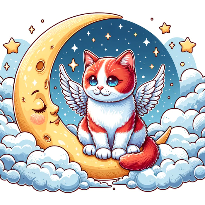 Red & White Cat Sitting on Moon with Wings