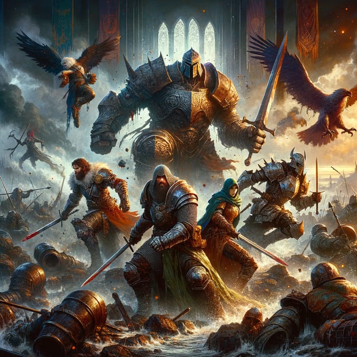 Dark Fantasy Album Cover: Epic Battle of Four Heroes
