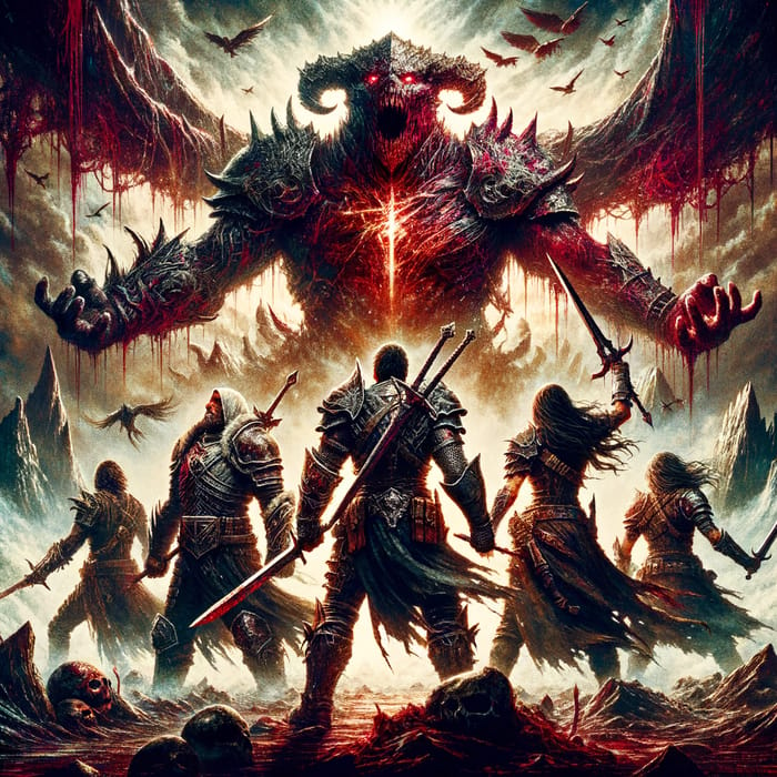 Epic Medieval Fantasy Warriors Battle Giant Villain