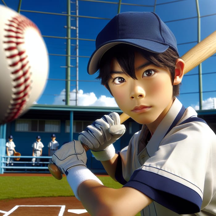 Asian Middle School Boy Playing Baseball with Determined Eyes
