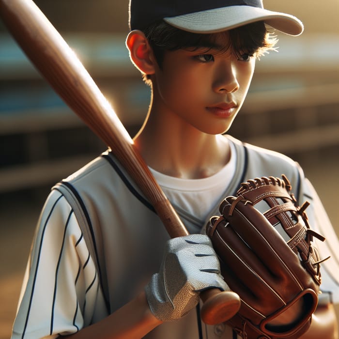 Asian Middle School Baseball Player with Determination