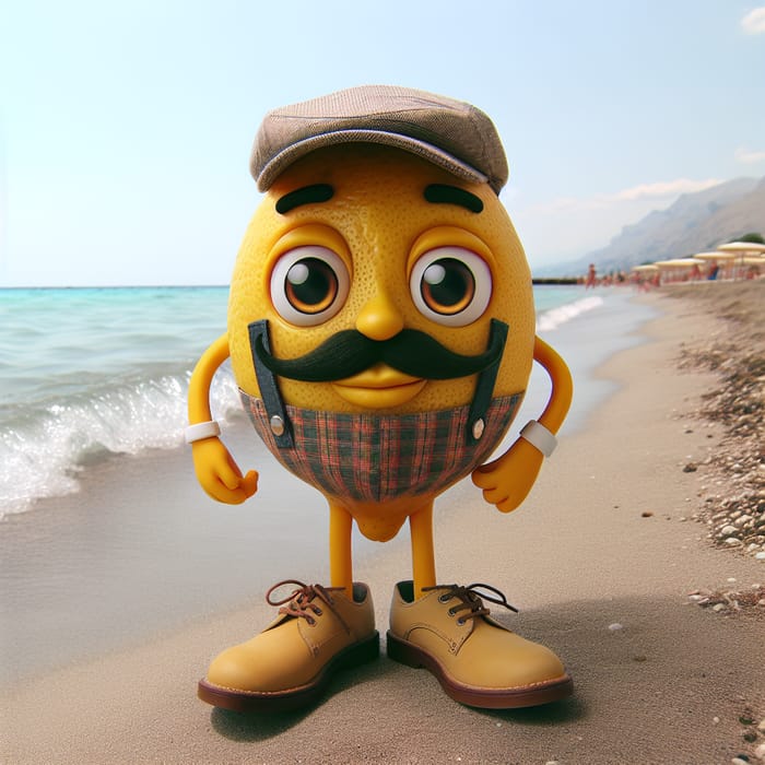 Whimsical Lemon Character with Mustache on Sicily Seashore