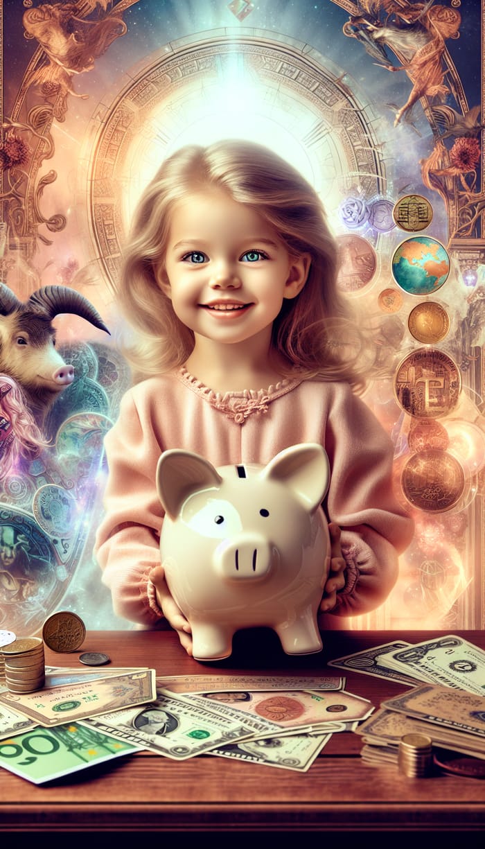 Magical 3-Year-Old Girl with Piggy Bank | Financial Wisdom Imagery