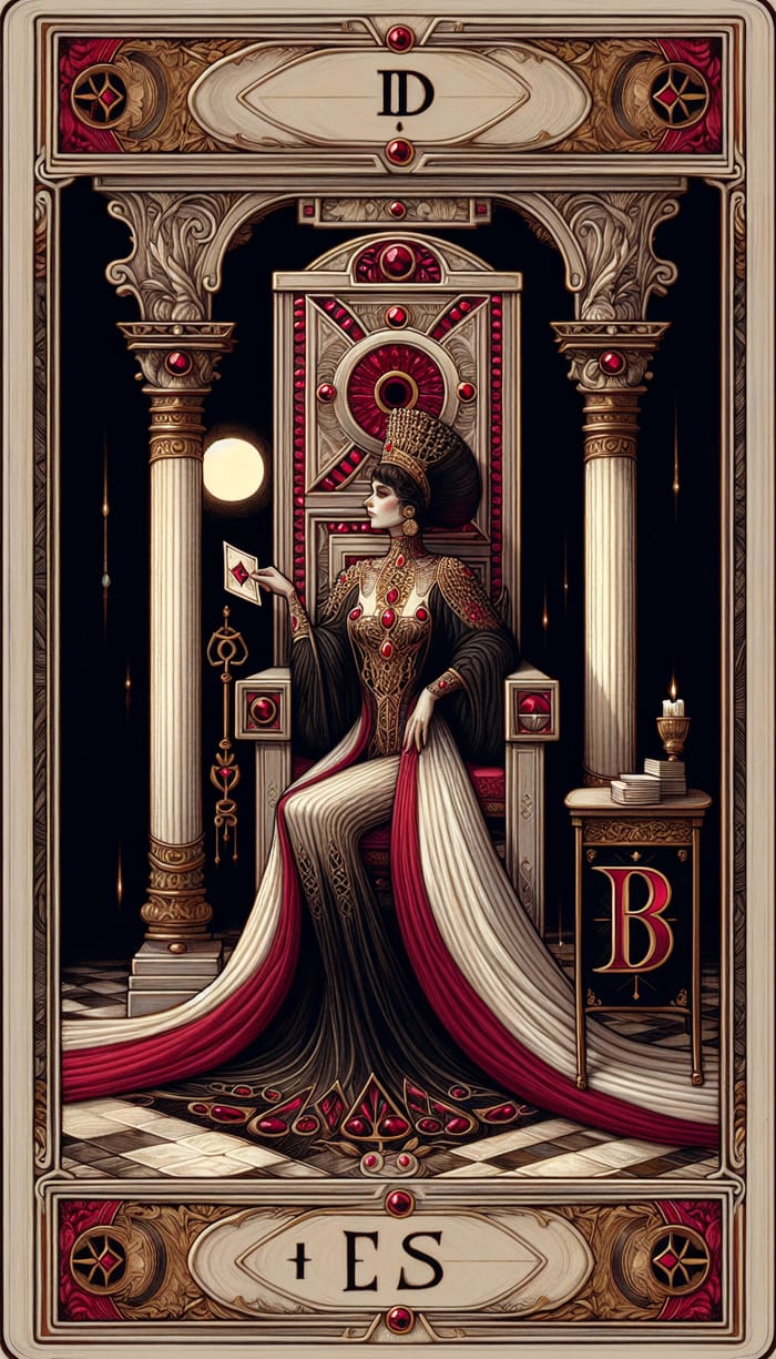 High Priestess Tarot Card - Postured Woman on Chair with Ruby Pattern