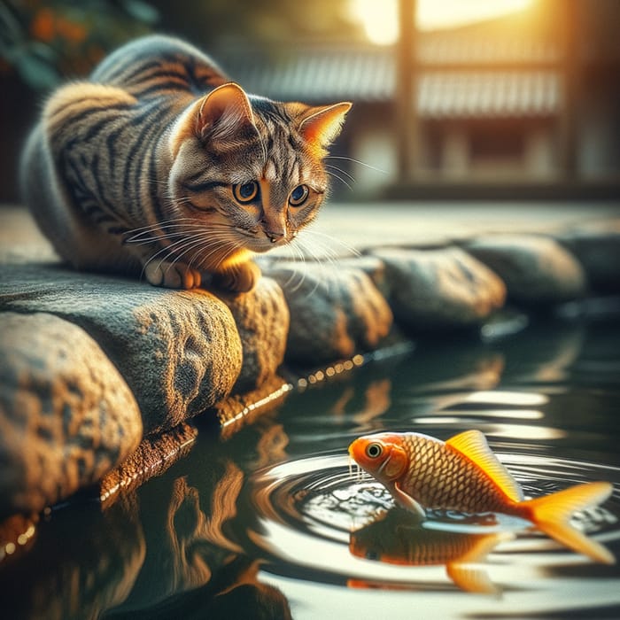 Tabby Cat Watching Golden Fish by Tranquil Pond