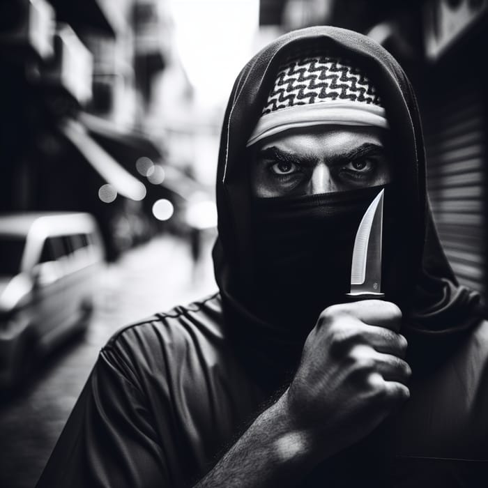 Mysterious Man with Knife in Dramatic Black and White Street Portrait