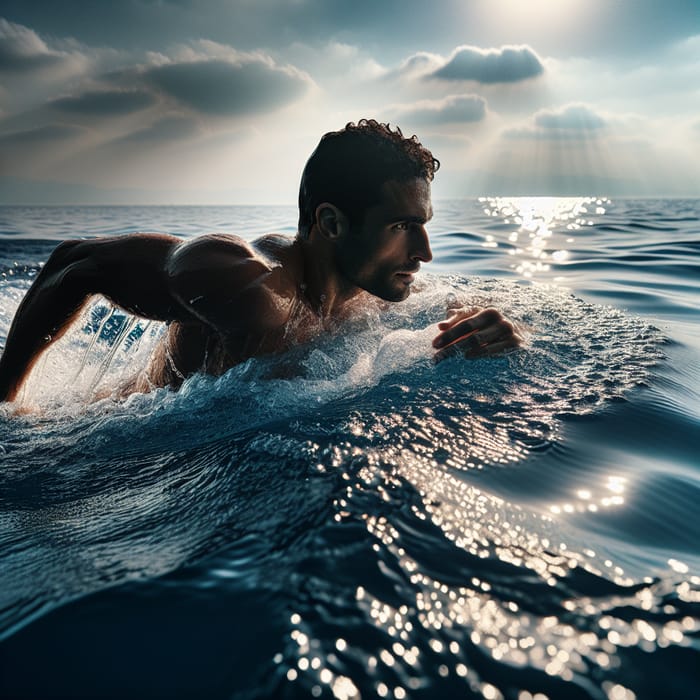 Rawad Fares Swims in Expansive Sea with Dazzling Sunlight