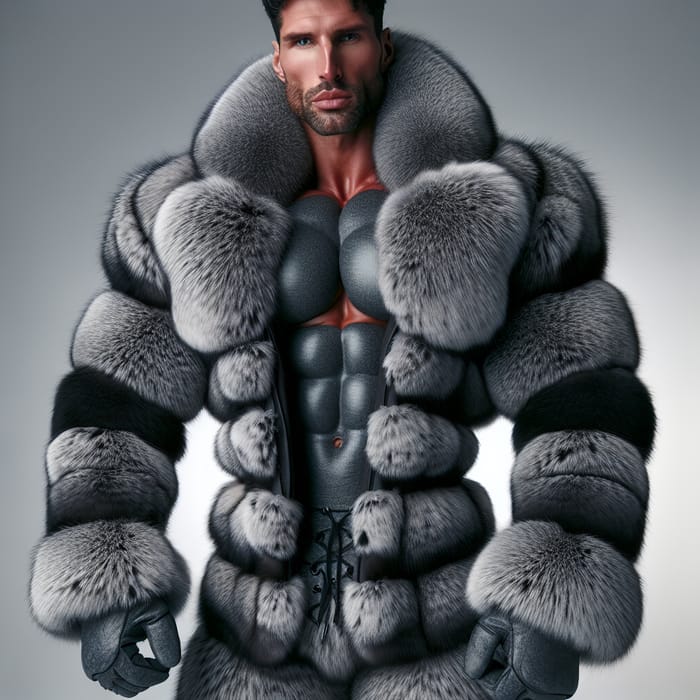 Robust Masculine Man in Charcoal Grey Faux Fur Suit