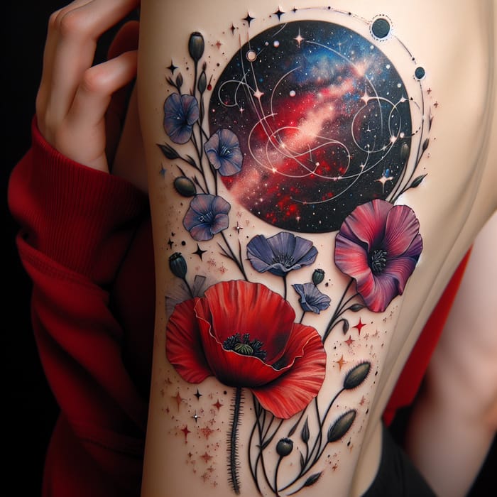 Cosmic Harmony: Poppy and Larkspur Flower Tattoo Design