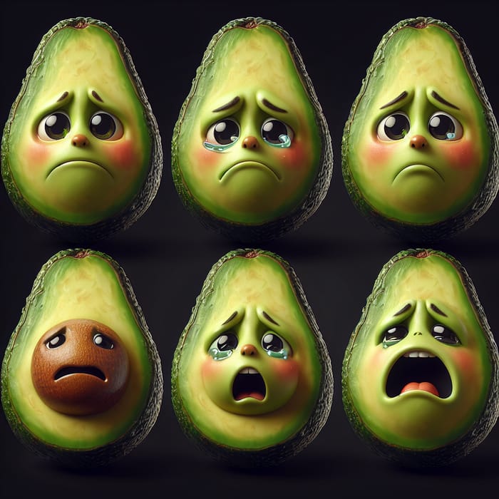 Sad Avocado Faces: Realistic & Cartoonish Emotions on Black Background