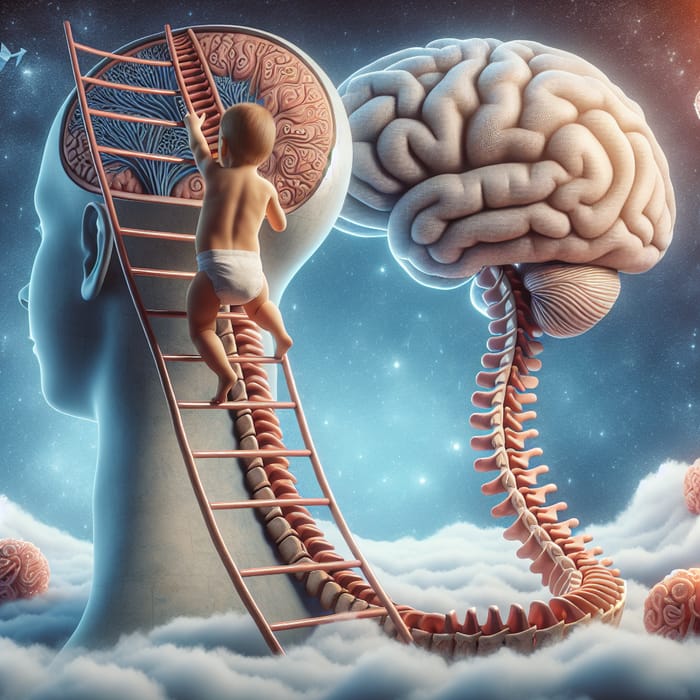 Baby Climbing Spinal Cord Ladder to Brain | Surreal Illustration