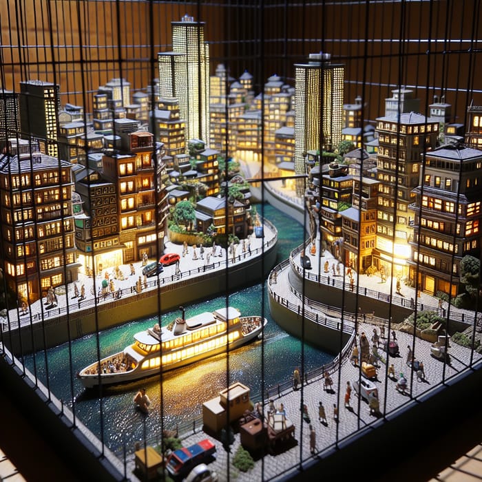 Tiny City Diorama Enclosed in Cage with Ferry - Exquisite Display