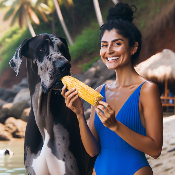 Hispanic Female in Blue Swimsuit with Black Mantle Great Dane Eating Corn